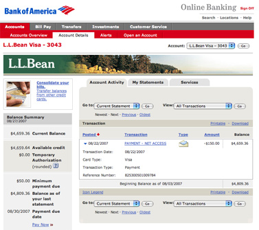 Bank of America Credit Card Servicing: Account Details Page (» visit BAC)
